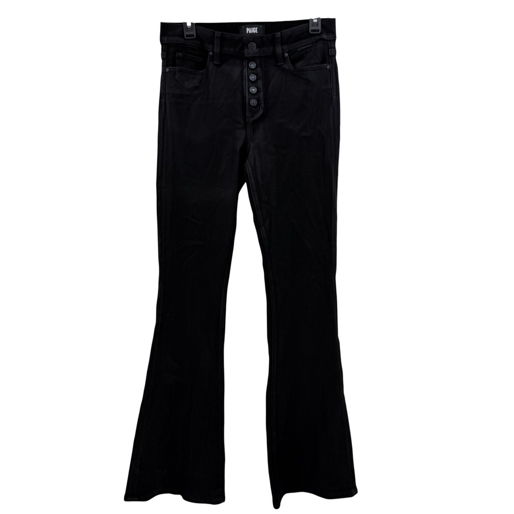 PAIGE High Rise Lou Lou Flare Jeans Black Fog Button Fly Waxed Coated Denim 29